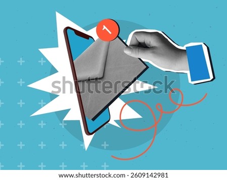 Black and white hand takes an envelope with unread message from phone screen. Modern collage style. Vector illustration