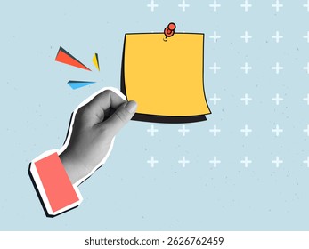 Black and white hand takes yellow reminder note. Modern photo collage style. Vector illustration