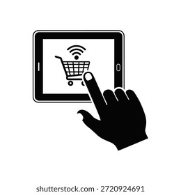 Blanco y negro de una mano tocando un Carrito de compras en la pantalla de una tableta
