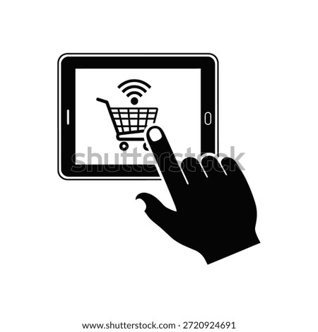 Black and white of a hand tapping a shopping cart on a tablet screen