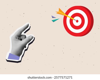 Black and white hand throwing a dart in a red round target. Modern photo collage style. Vector illustration