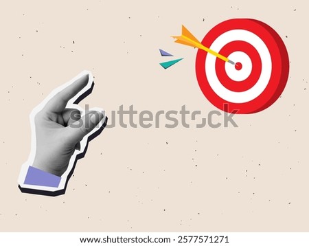 Black and white hand throwing a dart in a red round target. Modern photo collage style. Vector illustration