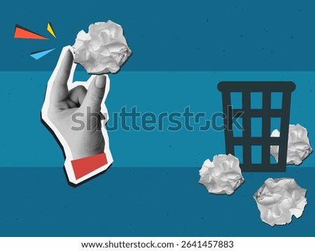 Black and white hand throws crumpled paper into trash can. Vector illustration in a modern collage style