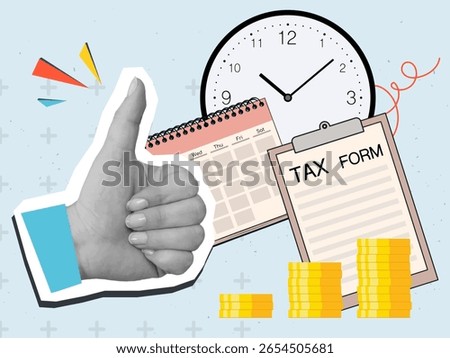 A black and white hand with thumbs up gesture and a Tax form document on a clip note with a coins, calendar and clock on background. Modern photo collage style. Vector illustration