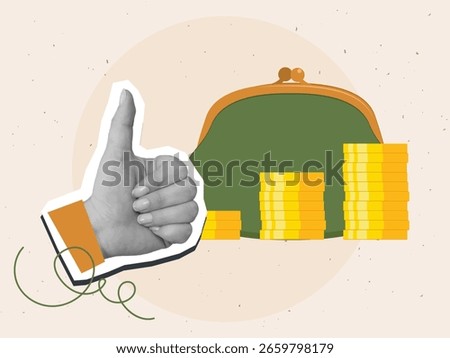 Black and white hand with a thumbs up gesture near a retro coin purse and growing row of gold coins. Modern photo collage style. Vector illustration
