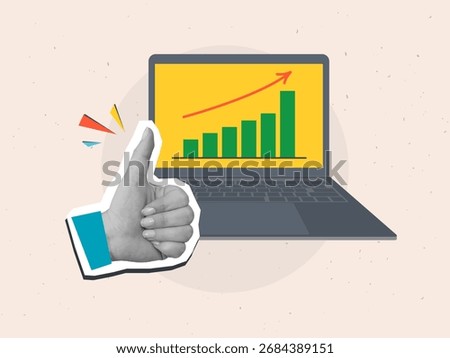 Black and white hand with a thumbs up gesture near a growth chart on a laptop screen. Modern photo collage style. Vector illustration