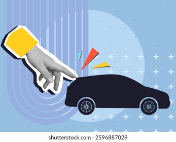 Black and white hand touches a black crossover car silhouette. Modern collage style. Vector illustration