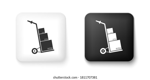 Black and white Hand truck and boxes icon isolated on white background. Dolly symbol. Square button. Vector.