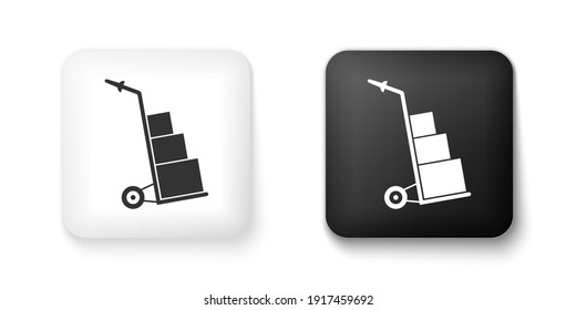 Black and white Hand truck and boxes icon isolated on white background. Dolly symbol. Square button. Vector.