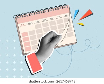Black and white hand turning calendar page. Modern photo collage style. Vector illustration