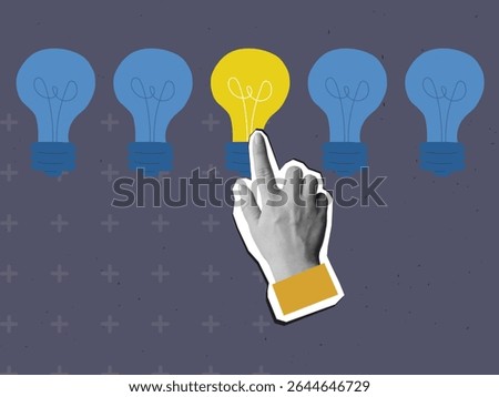 Black and white hand turns on a lightbulb. Modern collage style. Vector illustration
