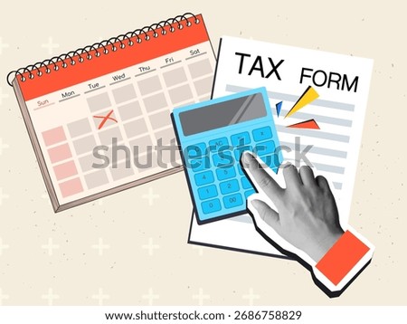 A black and white hand using a calculator with a Tax form document and calendar on a background. Modern photo collage style. Vector illustration
