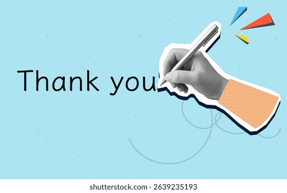 A black and white hand writes an inscription Thank you. Modern photo collage style. Vector illustration