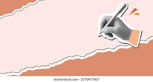 Black and white hand writes on a torn paper background with place for text. Modern photo collage style. Vector illustration