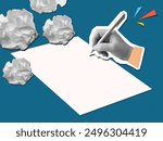 Black and white hand writes with a pen on an empty paper sheet with a balls of a crumpled paper around it. Search for an idea. Vector illustration in a modern collage style