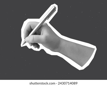 Mano en blanco y negro escribe con un bolígrafo - elemento recortado para collage. Ilustración de vector