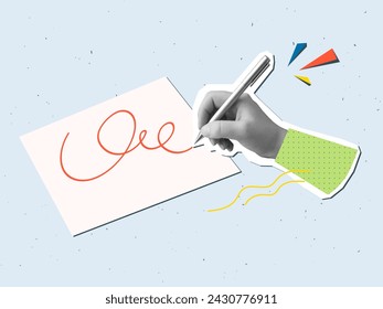 Black and white hand writes with a pen. Vector illustration in a modern collage style