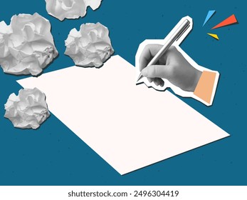 Mano en blanco y negro escribe con un bolígrafo en una hoja de papel vacía con bolas de papel arrugado a su alrededor. Búsqueda para una idea. Ilustración vectorial en un estilo de collage moderno