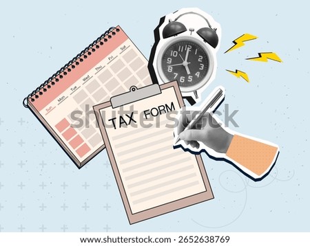 A black and white hand writes in a Tax form document on a clip note with a calendar and alarm clock on background. Modern photo collage style. Vector illustration