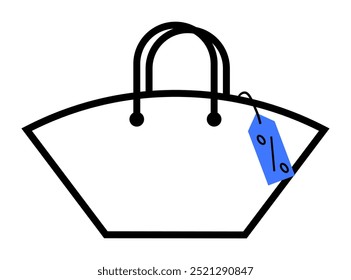 A black and white handbag with a blue discount tag attached. Ideal for shopping, sales, retail, discounts, fashion promotions. Simple, clean, modern style.