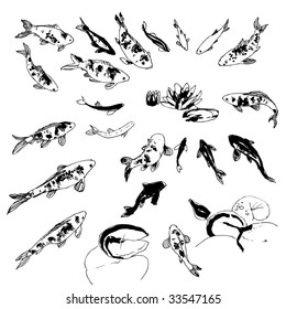 Black and white hand-drawing koi fish collection