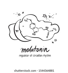 Black and white hand-drawn banner about a dream. Structural molecule of melatonin on a white background. The concept of good sleep with the decorative moon, stars and cloud. Sketch vector illustration