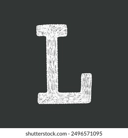 Black and white hand-drawn chalk textured alphabetical letter L ideal for school creative lettering design projects.