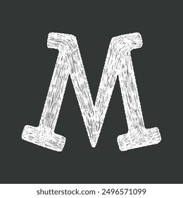 Black and white hand-drawn chalk textured alphabetical letter M ideal for school creative lettering design projects.