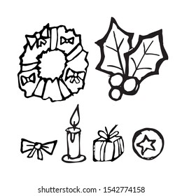 black and white hand-drawn christmas attributes