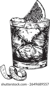 Black and white hand-drawn cocktail glass with ice cubes, citrus slice, and peel. Vintage ink sketch, perfect for bar menus and art.