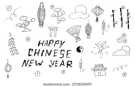 Black and white hand-drawn doodle illustration featuring Chinese New Year elements, including lanterns, fireworks, bamboo, and festive decorations with text.