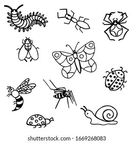 Black and white hand-drawn doodle insects and pests set in doodle style. Vector images for textile, decoration, logo, web.