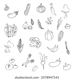 A black and white hand-drawn doodle set featuring various vegetables, including tomatoes, peppers, mushrooms, onions, corn, and leafy greens. Perfect for food-related designs.  