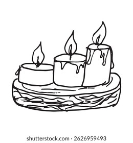 black and white hand-drawn doodle of three burning candles placed on a rustic wooden tray. for in seasonal greeting cards, Scandinavian-themed designs, printables,autumn, winter, or holiday visuals.