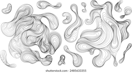 Ondas de garabato dibujadas a mano en blanco y negro. Abstractas composición de manchas. Forma Línea salpicadura. Composición de estilo de pintura de tinta de línea fina líquida para decoración para Fondo de pantalla de fondo.
