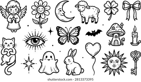 Black and white hand-drawn doodles of animals, insects, and flowers