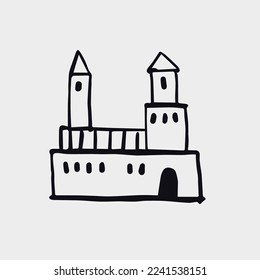 Black and white hand-drawn drawing. The facade of the building on a light background.