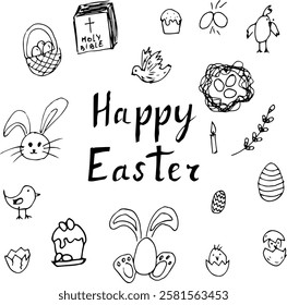 A black and white hand-drawn Easter doodle illustration featuring "Happy Easter" text, eggs, bunnies, birds, a Bible, a candle, and festive symbols.  