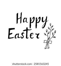 Black and white hand-drawn Easter greeting illustration with "Happy Easter" text and a willow branch tied with a ribbon, symbolizing spring and renewal.  