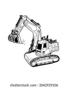 Black and white hand-drawn excavator vector drawing illustration