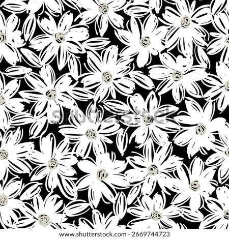 Black and White Hand-Drawn Floral Pattern Seamlessly Tiling for Design Projects,