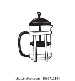 Black and white hand-drawn french press. A kitchen utensil in doodle style. Vector isolated element