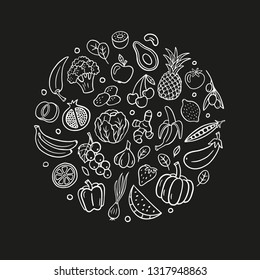 Black and white hand-drawn fruits and vegetables. Healthy food theme in organic doodle style. Isolated vector illustration. Great for sites, menu design, packaging, cooking book or advertising.