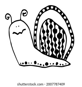 Black and white hand-drawn  funny  snail
