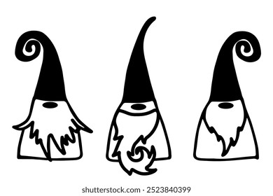 Black and White Hand-Drawn Gnomes Illustration with Swirled Hats and Beards