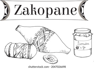 Black and white hand-drawn graphics with the word Zakopane and cheese produced in the mountains in Podhale and regional preserves. svg