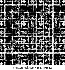 Black and white handdrawn grungy pattern with messy stroke elements. Vintage brushed checked seamless pattern. Abstract noisy flecked striped background.