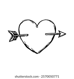 Black and white hand-drawn heart pierced by an arrow, minimalist style on a clean white background, symbolizing love and romance. Valentine's day illustration.