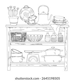 Black and white hand-drawn illustration of an antique-style kitchen shelf with a basket, plates, glass jars, pots and cooking utensils.