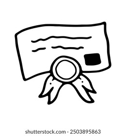 A black and white hand-drawn illustration of a certificate or diploma featuring a seal with ribbons at the bottom.